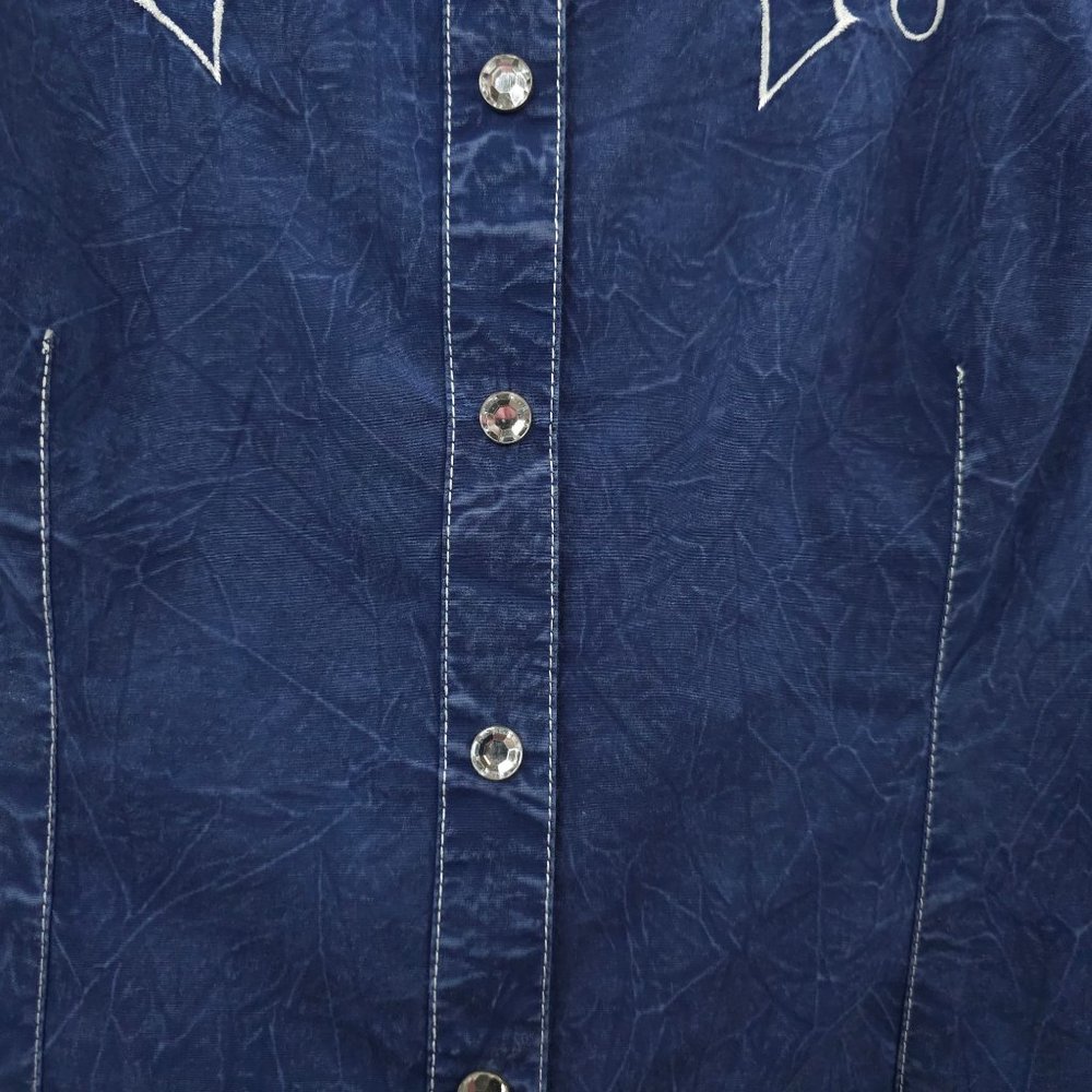 Affliction Snap Front Shirt Womens S Roll Tab 3/4 Sleeve Blue Cross Rhinestones - Picture 14 of 16